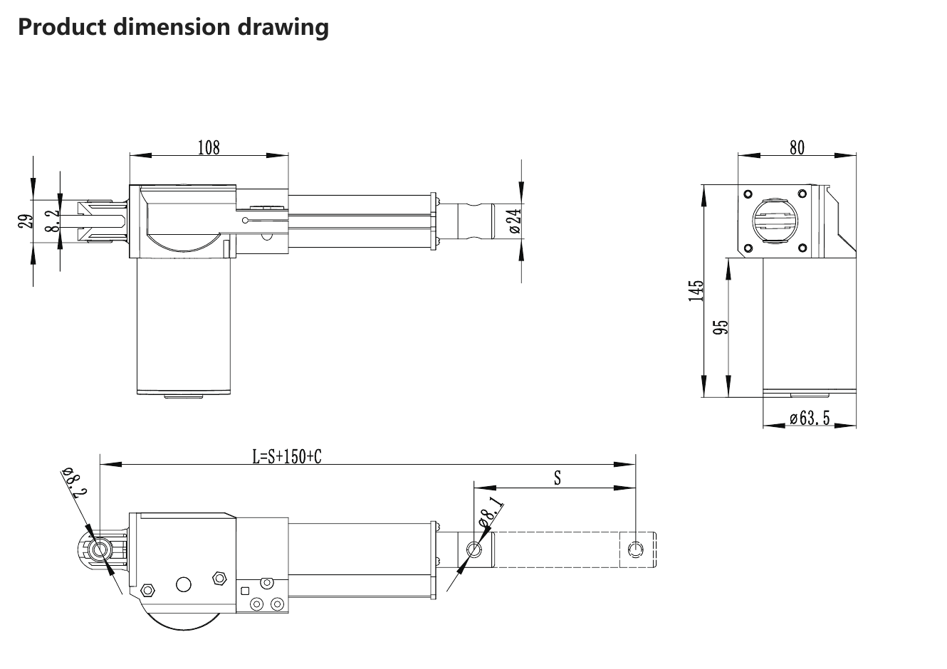 RUNDA 398C linear actuator dimension drawing showing overall dimensions and installation layout