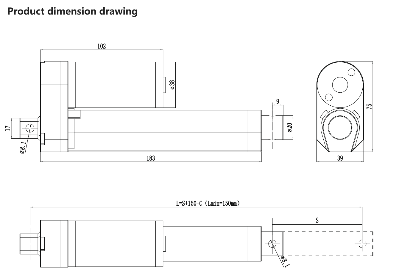 RUNDA 398D linear actuator dimension drawing showing overall dimensions and installation layout