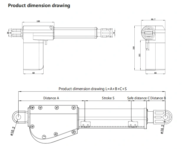 RUNDA 398H1 electric linear actuator dimension drawing showing overall dimensions and installation layout