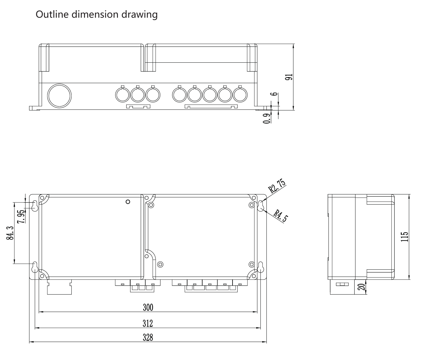 RUNDA B398 control unit dimension drawing showing overall dimensions and installation layout