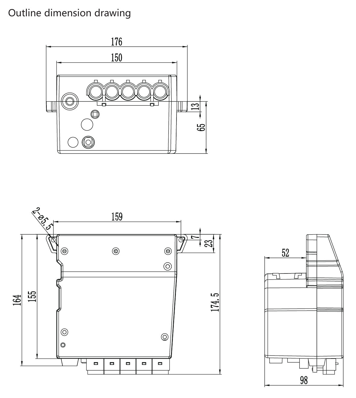 RUNDA D398 control unit dimension drawing showing overall dimensions and installation layout