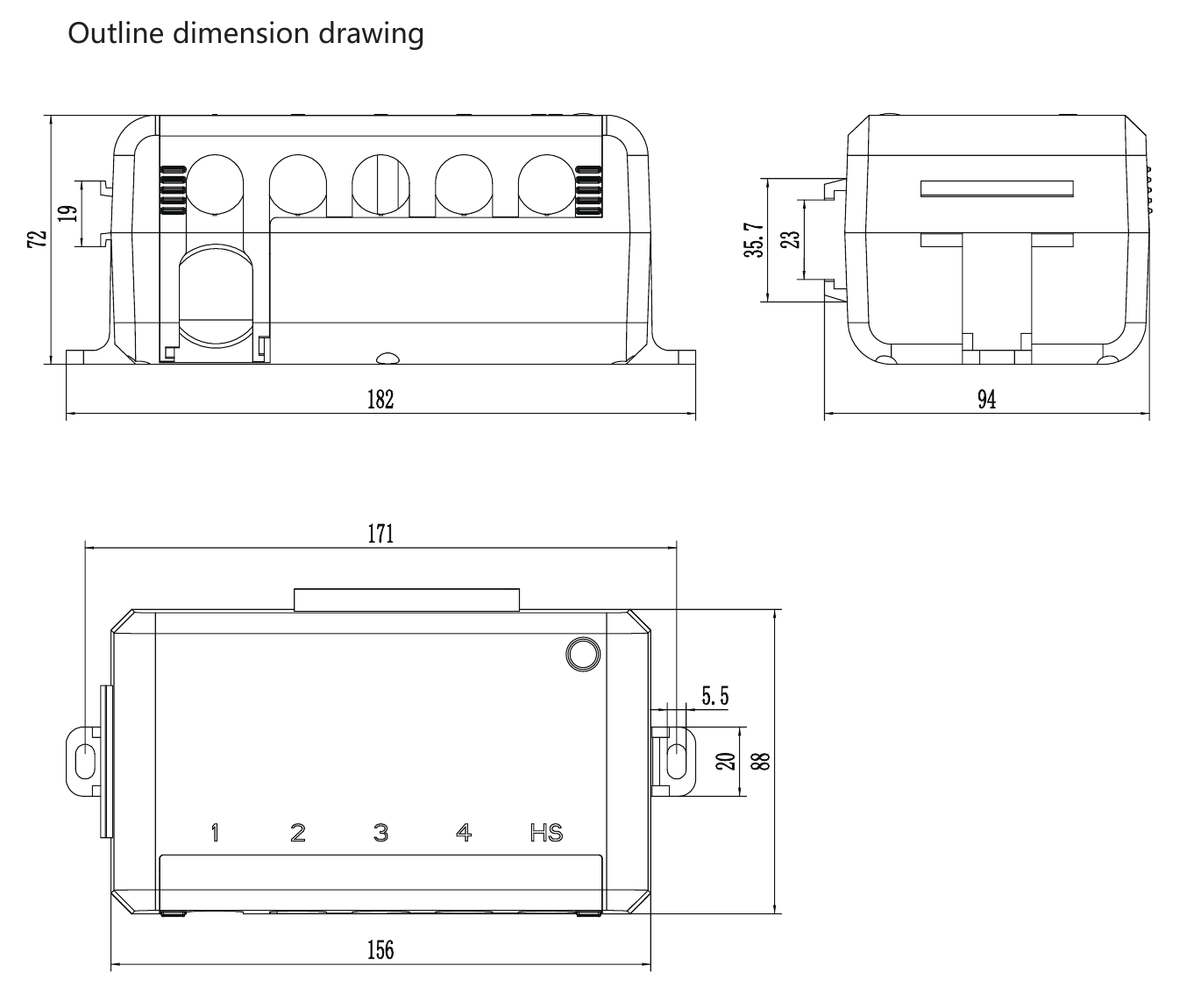 RUNDA E398 control unit dimension drawing showing overall dimensions and installation layout