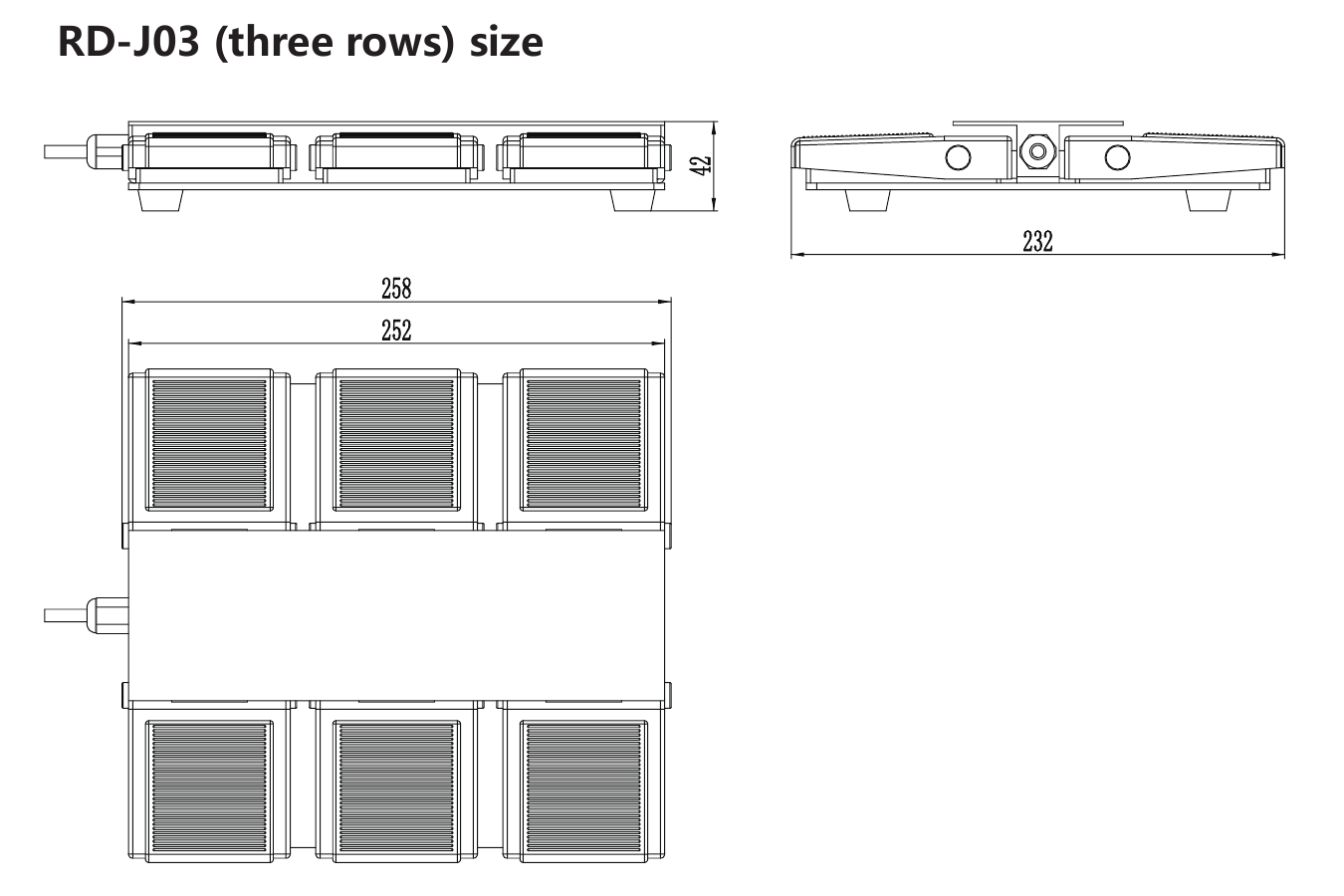 RUNDA J03 foot control dimension drawing for the 3-row configuration