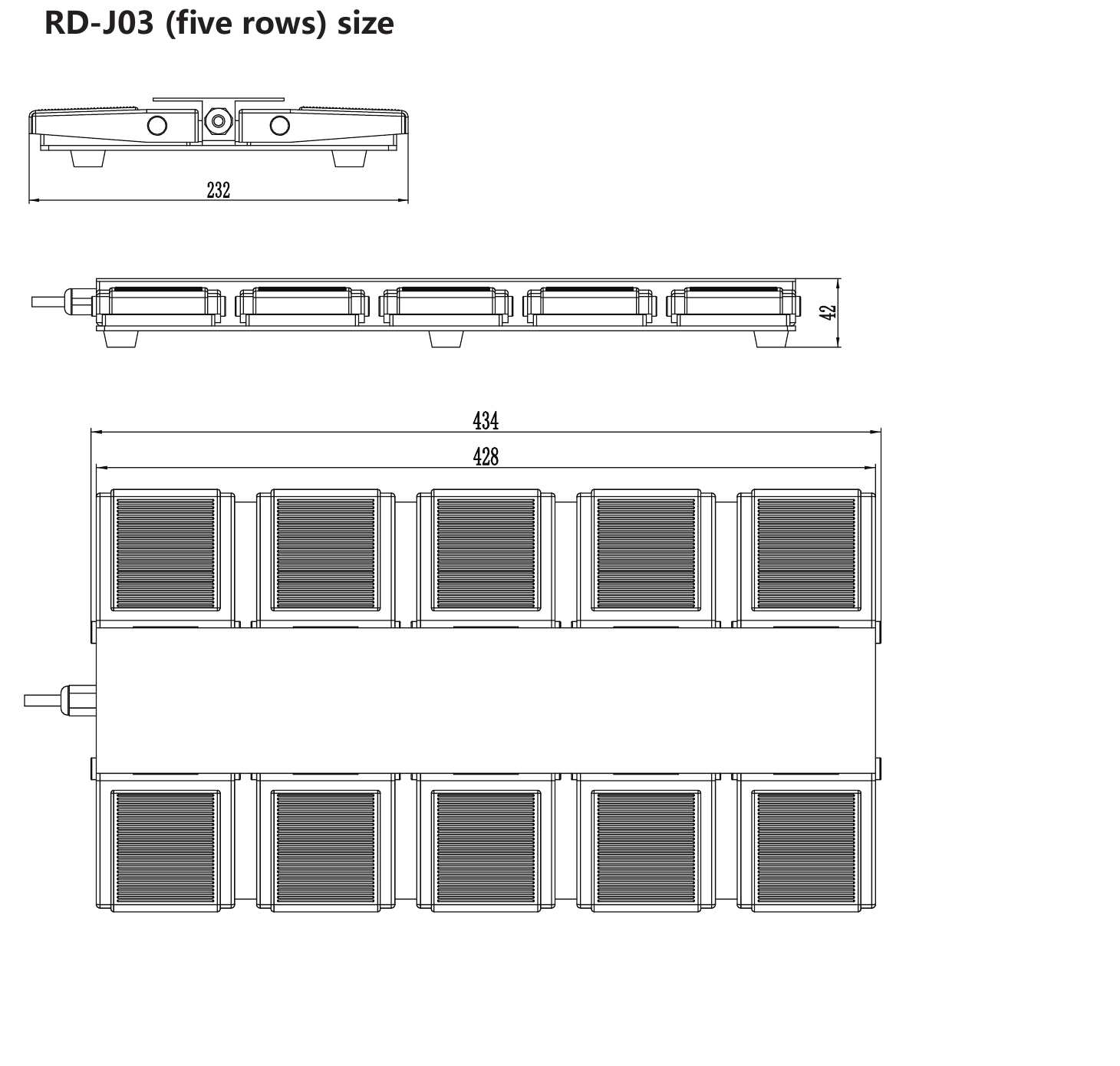 RUNDA J03 foot control dimension drawing for the 5-row configuration