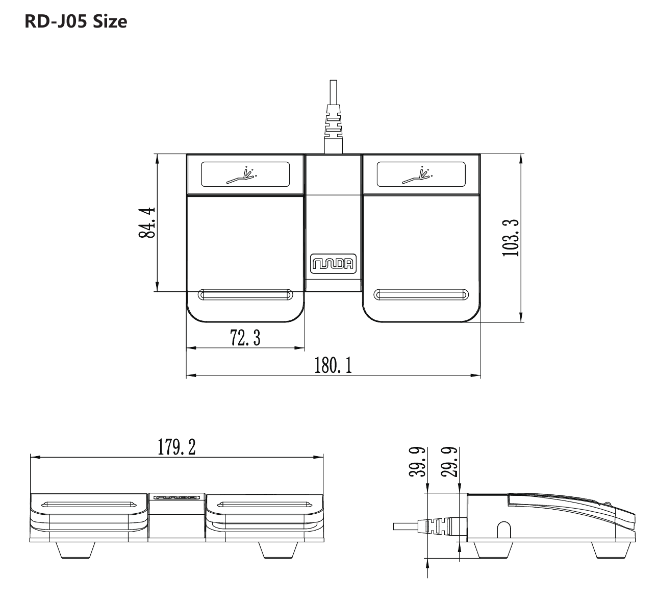 RUNDA J05 foot control dimension drawing showing overall dimensions and installation layout