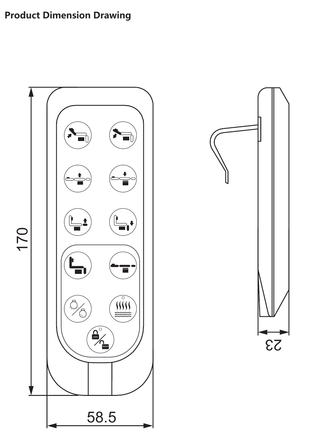 RUNDA SC-07 hand control dimension drawing showing overall dimensions and installation layout