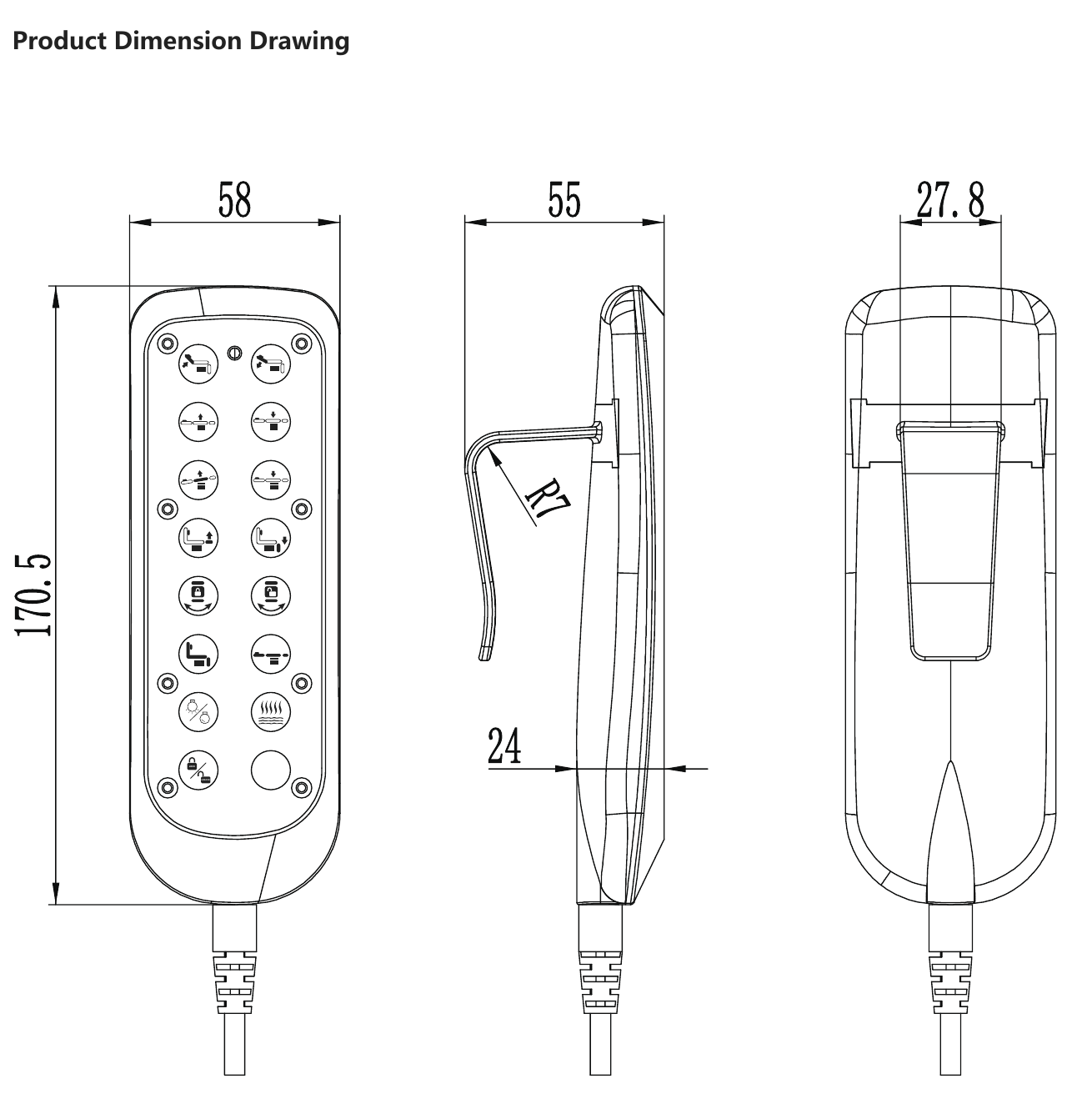 RUNDA SC-11 hand control dimension drawing showing overall dimensions and installation layout