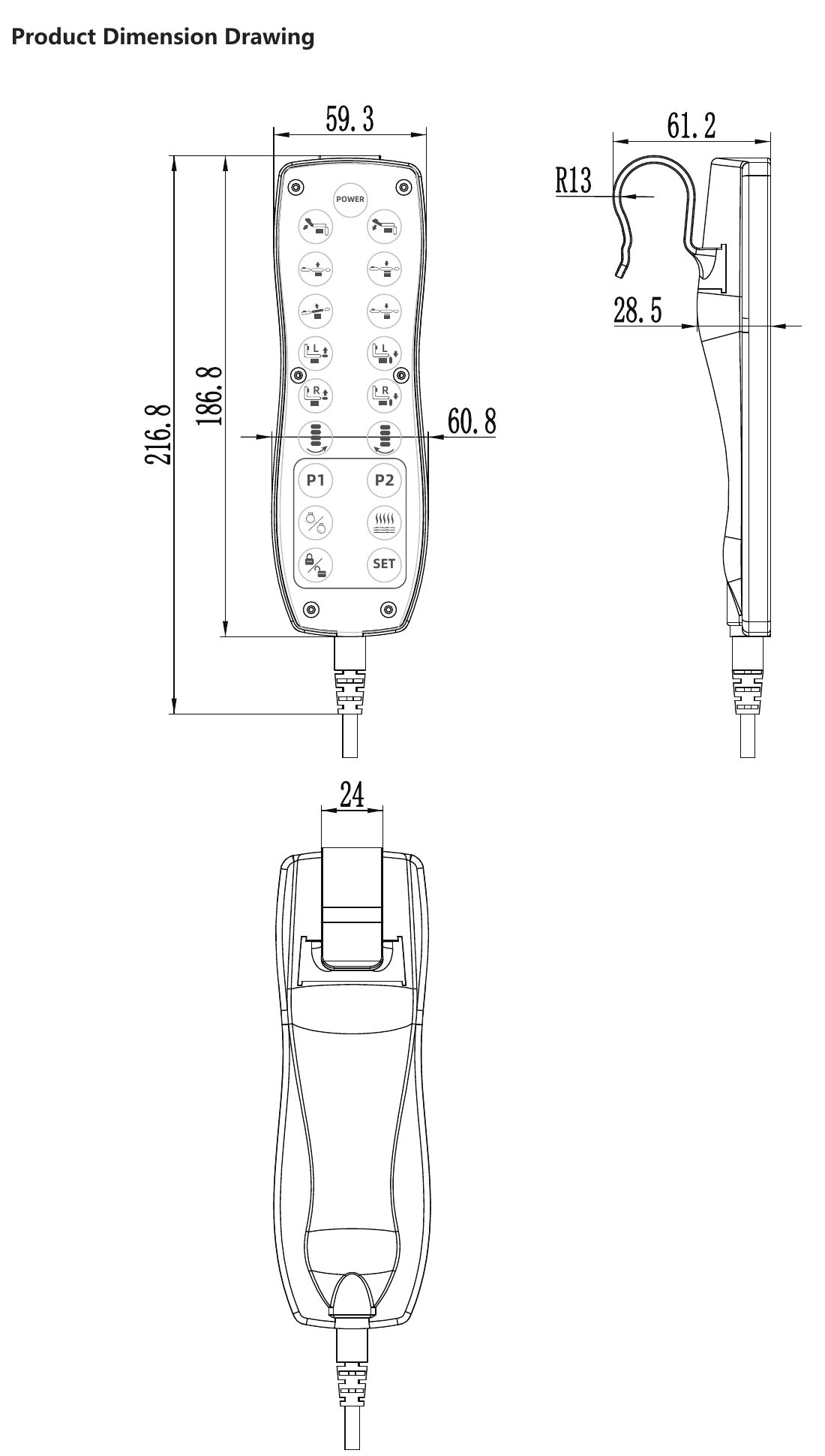 RUNDA SC-12 hand control dimension drawing showing overall dimensions and installation layout