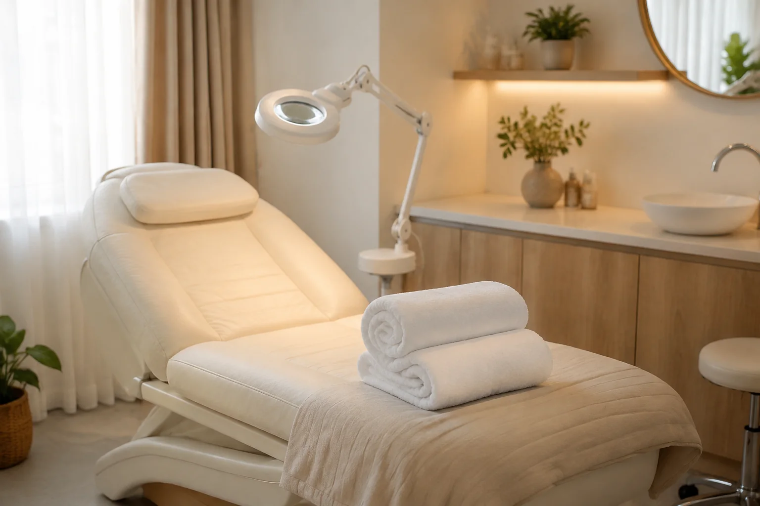Treatment couch and facial lamp in a beauty and aesthetics studio