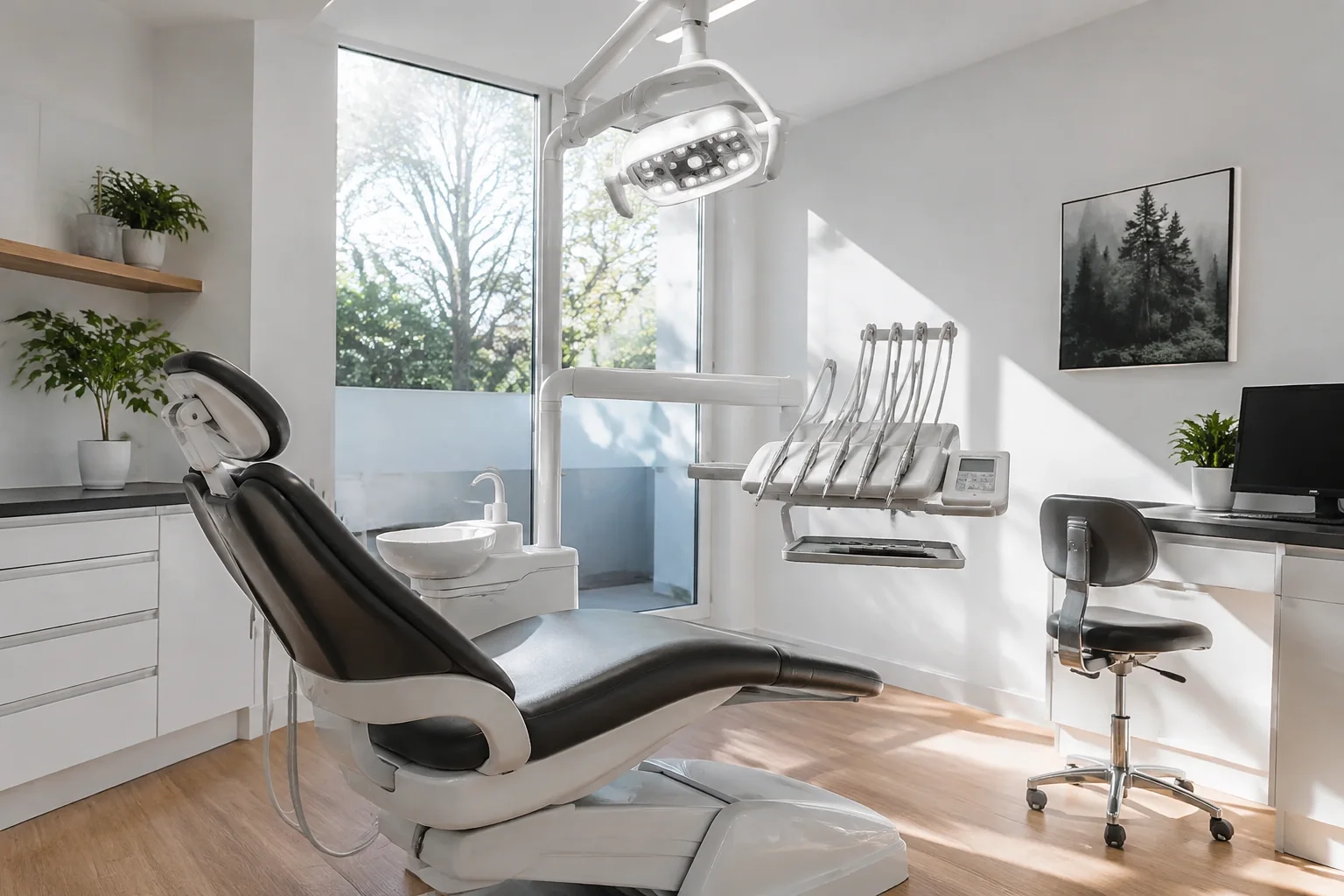 Dental chair and overhead examination light in a modern dental clinic