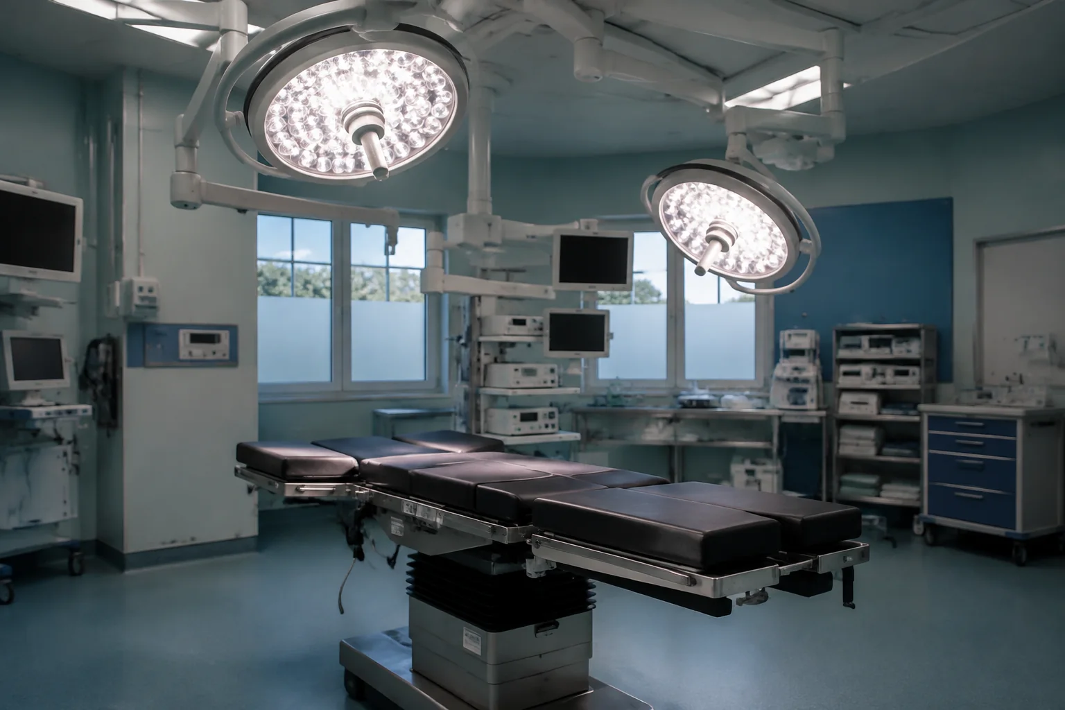 Surgical table and operating lights in a hospital operating room