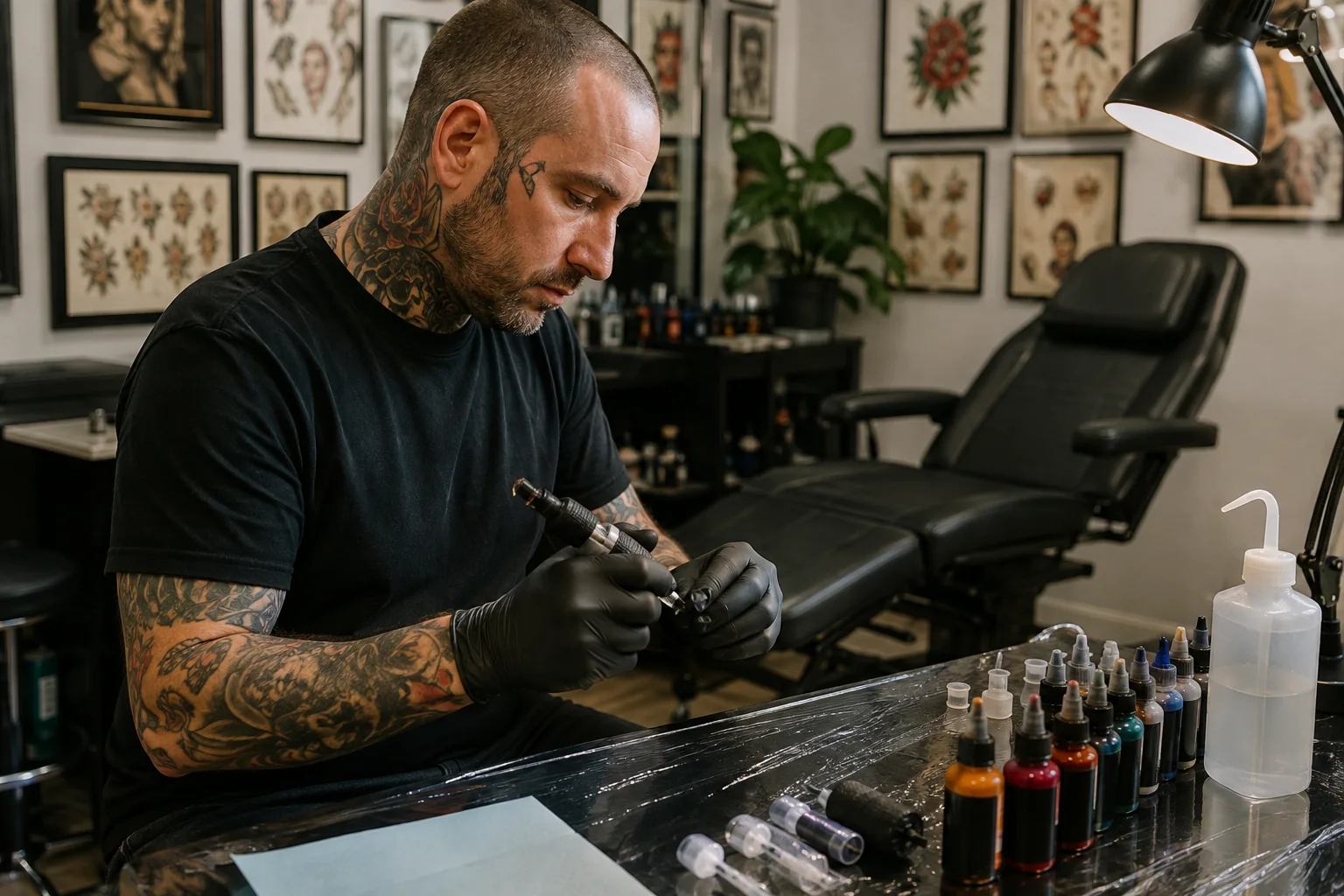 Tattoo artist preparing equipment in a professional tattoo studio