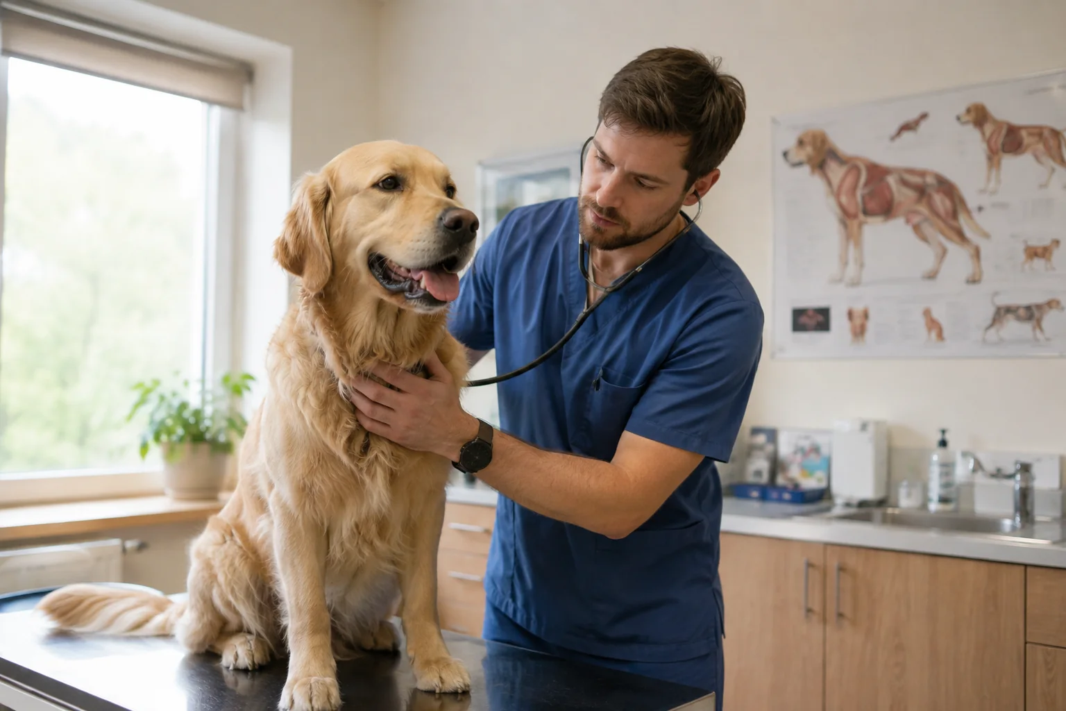 Veterinarian examining a dog in a veterinary clinic