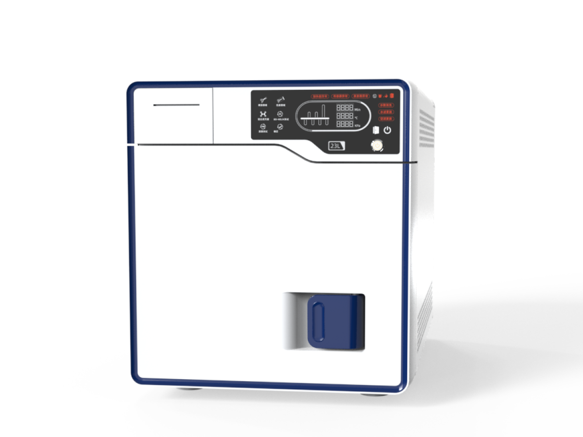 RUNDA 23G steam sterilizer — Front and slight right-side view showing the blue-edged cabinet and operating panel