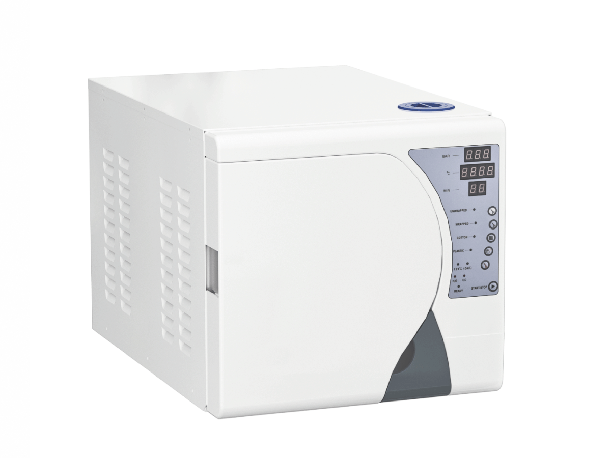 RUNDA 8A steam sterilizer — Front and left-side view of the cabinet, chamber door and operating panel