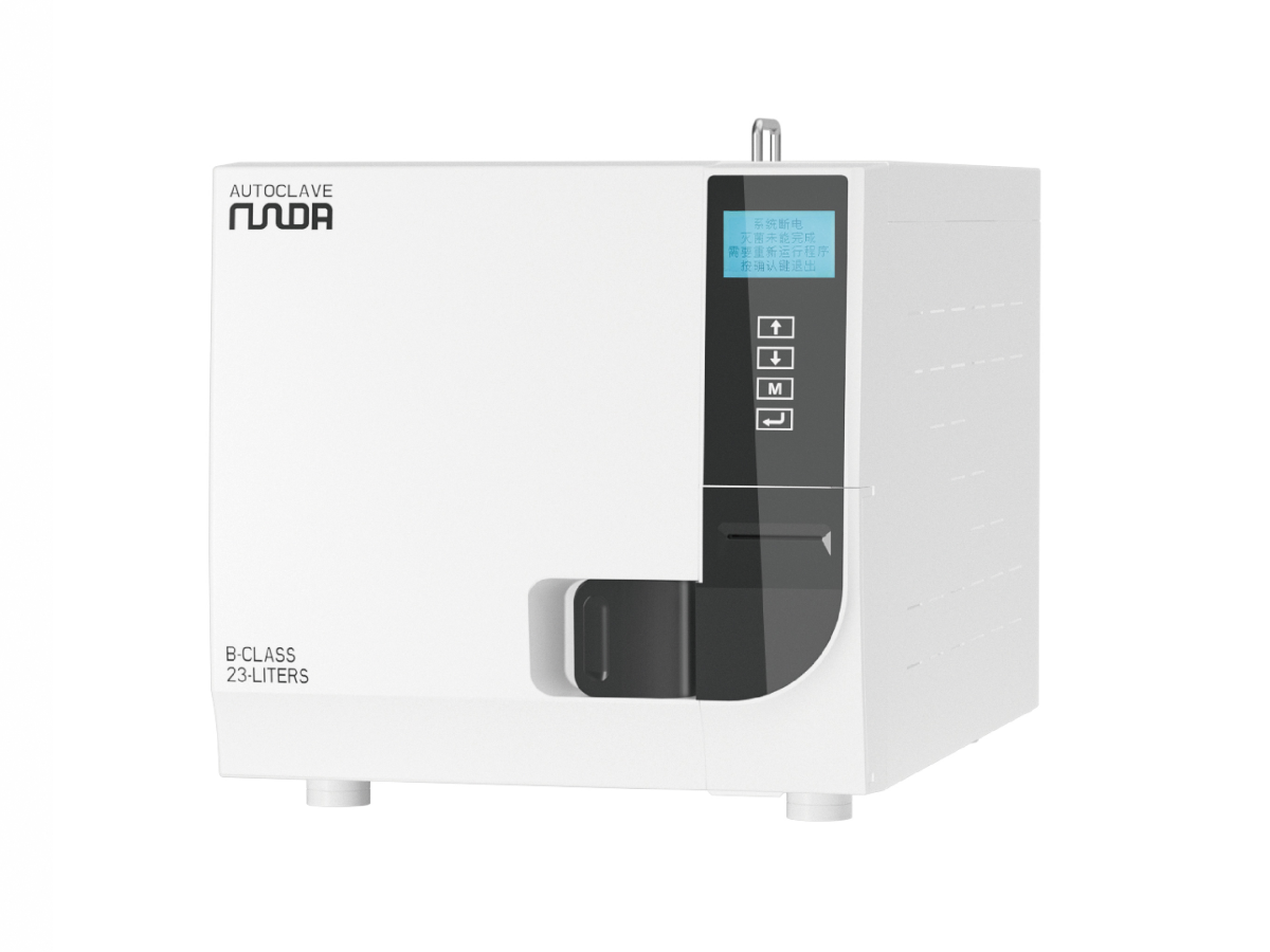 RUNDA 8X steam sterilizer — Front and right-side view showing the door, display and cabinet ventilation