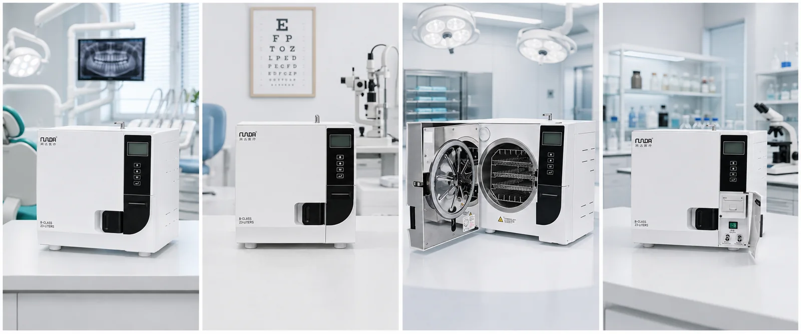 RUNDA MAX-8X Class B vacuum steam sterilizer shown from four authentic product angles in dental, ophthalmic, operating-room and laboratory settings