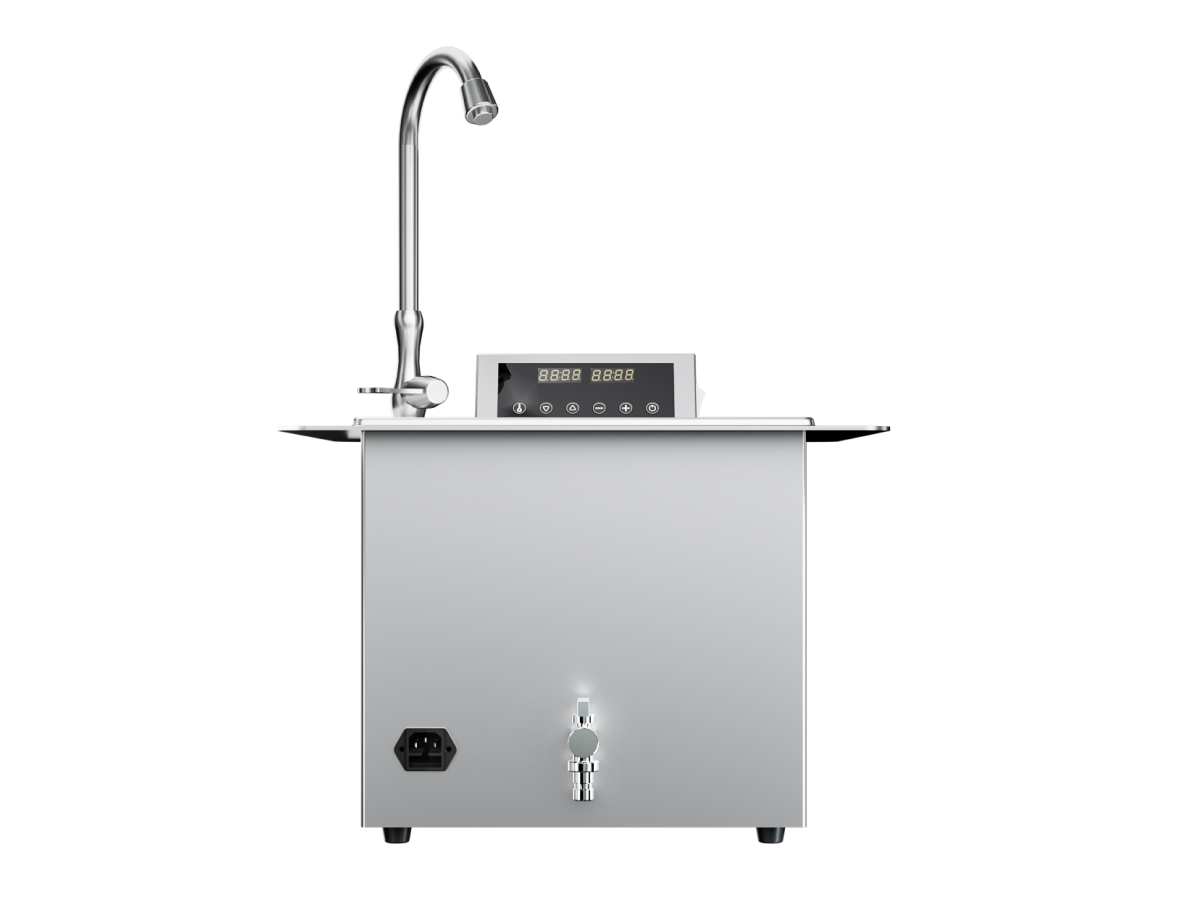 RUNDA CQ1300 ultrasonic cleaner, front view with tank and faucet