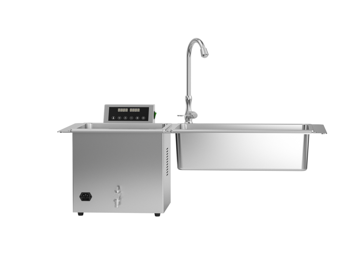 RUNDA CQ1320 ultrasonic cleaner, front view with two tanks and faucet