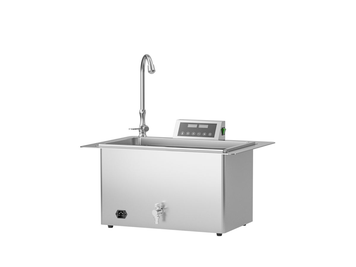 RUNDA CQ2000 ultrasonic cleaner, angled view with tank and faucet